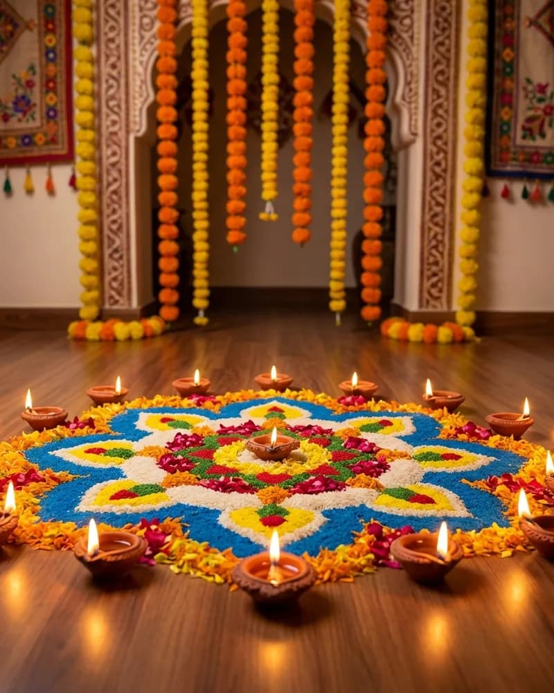 Flower rangoli and glowing lamps in a traditional festive setting