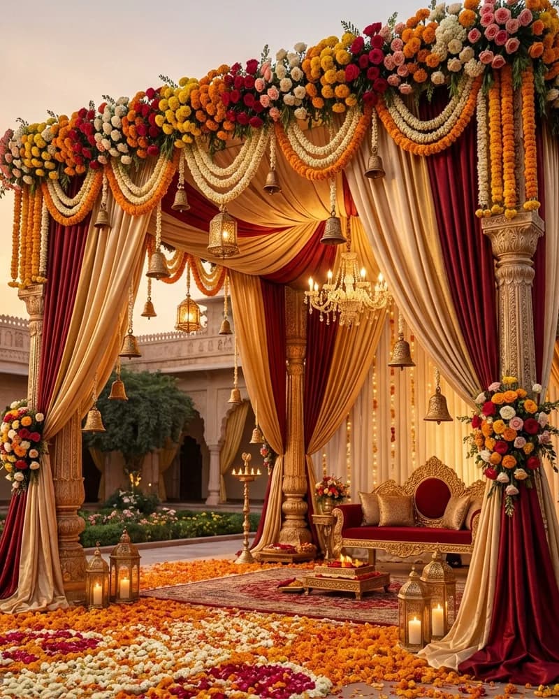 A South Indian wedding setting with flowers and warm gold details