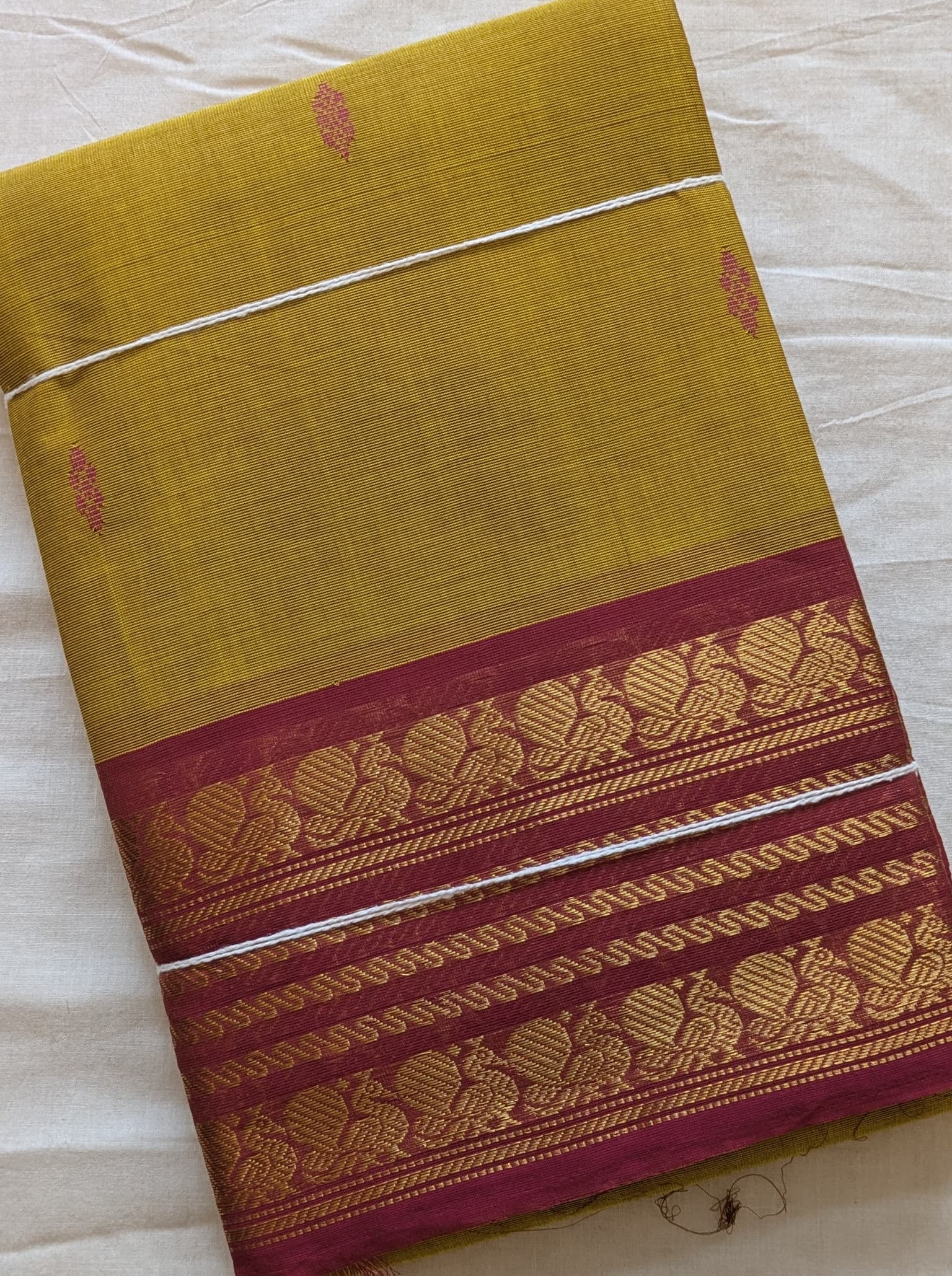 Mustard Kanchi Cotton with Maroon Zari Border