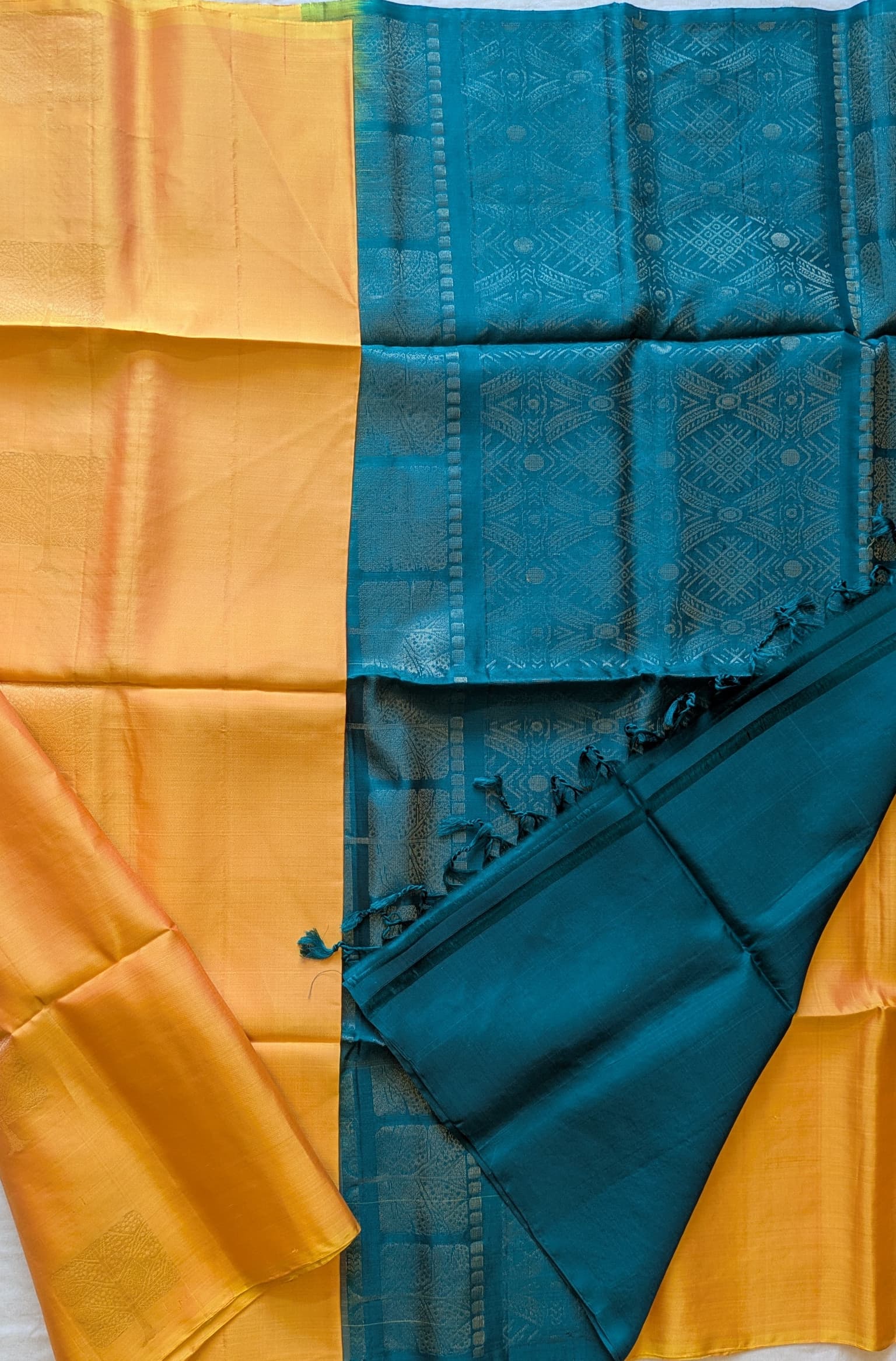 Mango Yellow Kanchipuram Silk with Teal Blue Pallu