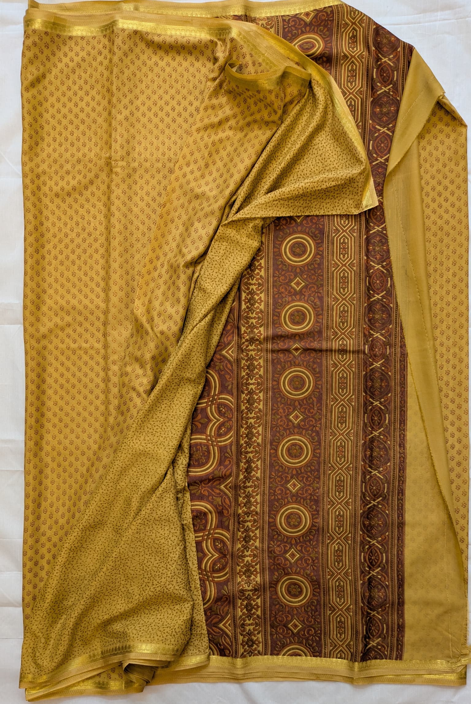 Mustard Yellow Printed Saree with Gold Zari Border