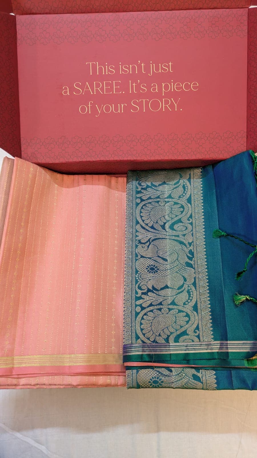 Peach Pink Kanchipuram Silk with Teal Blue Grand Pallu