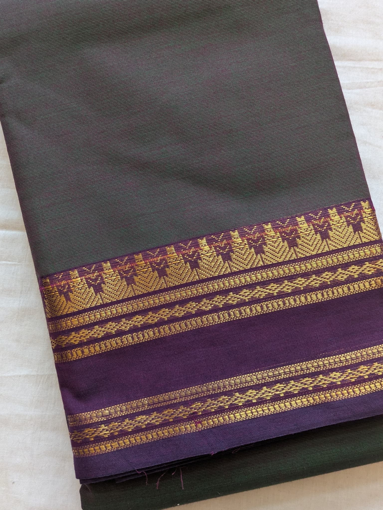 Charcoal Grey Chettinad Cotton with Deep Purple Border