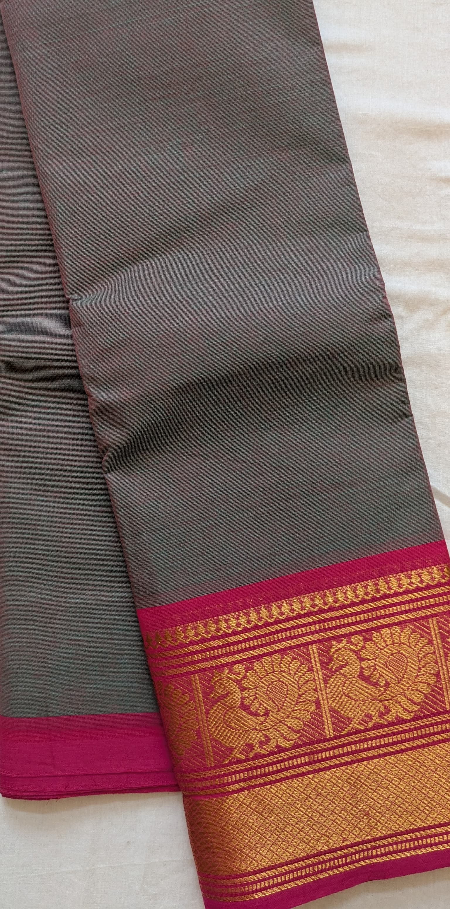 Steel Grey Chettinad Cotton with Magenta Zari Border