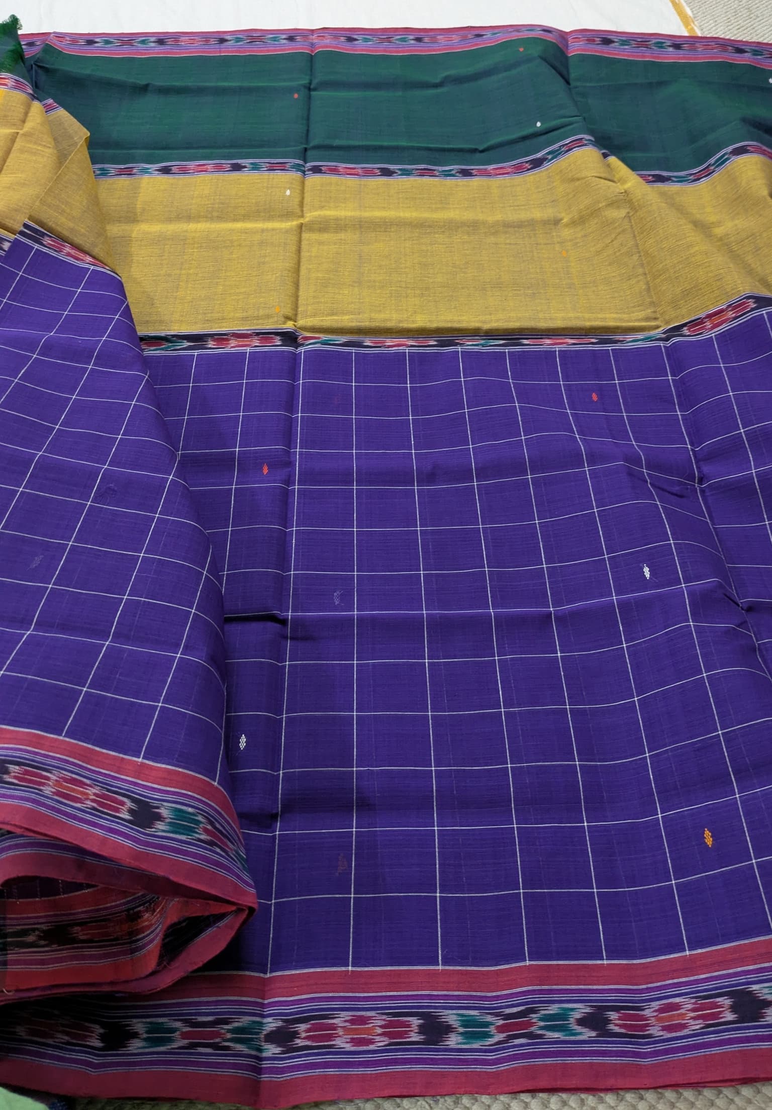 Purple, Mustard and Dark Teal Orissa Cotton Saree