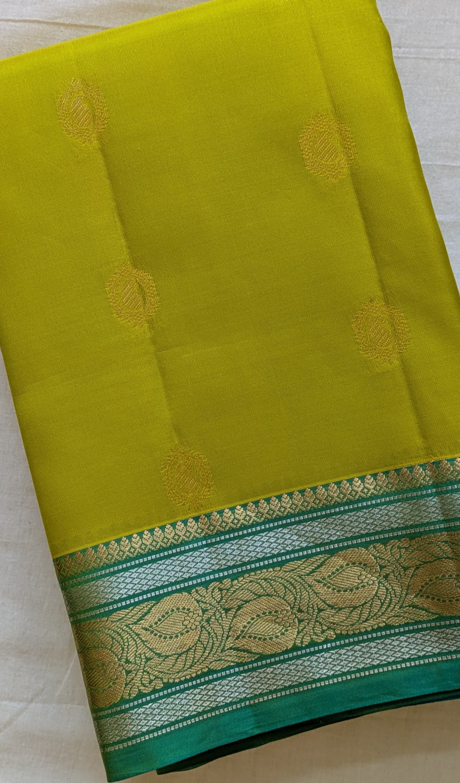 Lime Green Kanchipuram Silk with Teal Blue Zari Pallu