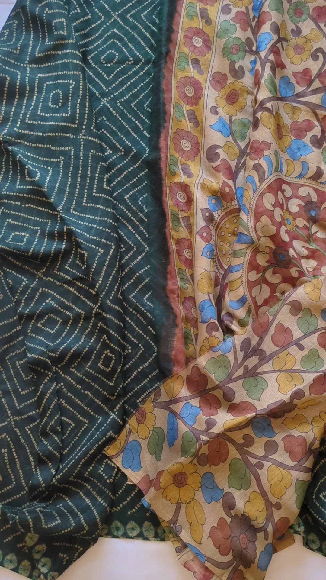 Dark Teal Linen Saree with Kalamkari Pallu and Blouse