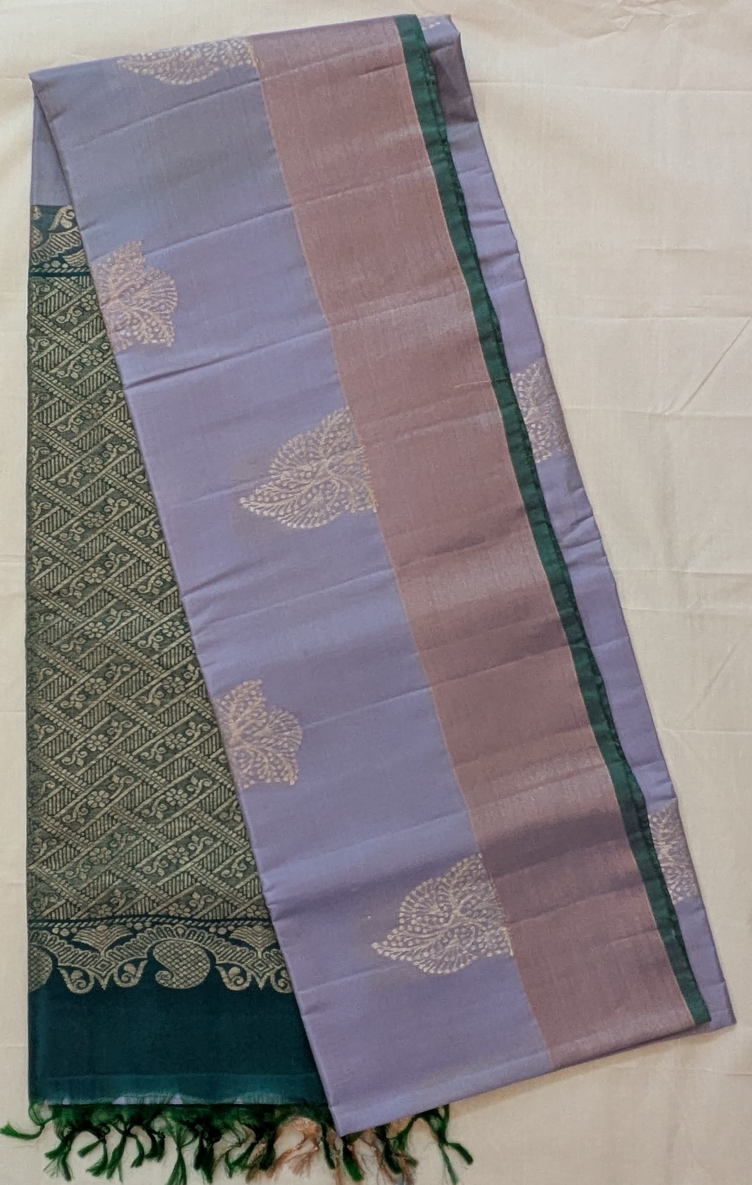 Lavender Semi Soft Silk Saree with Green Zari Pallu and Blouse