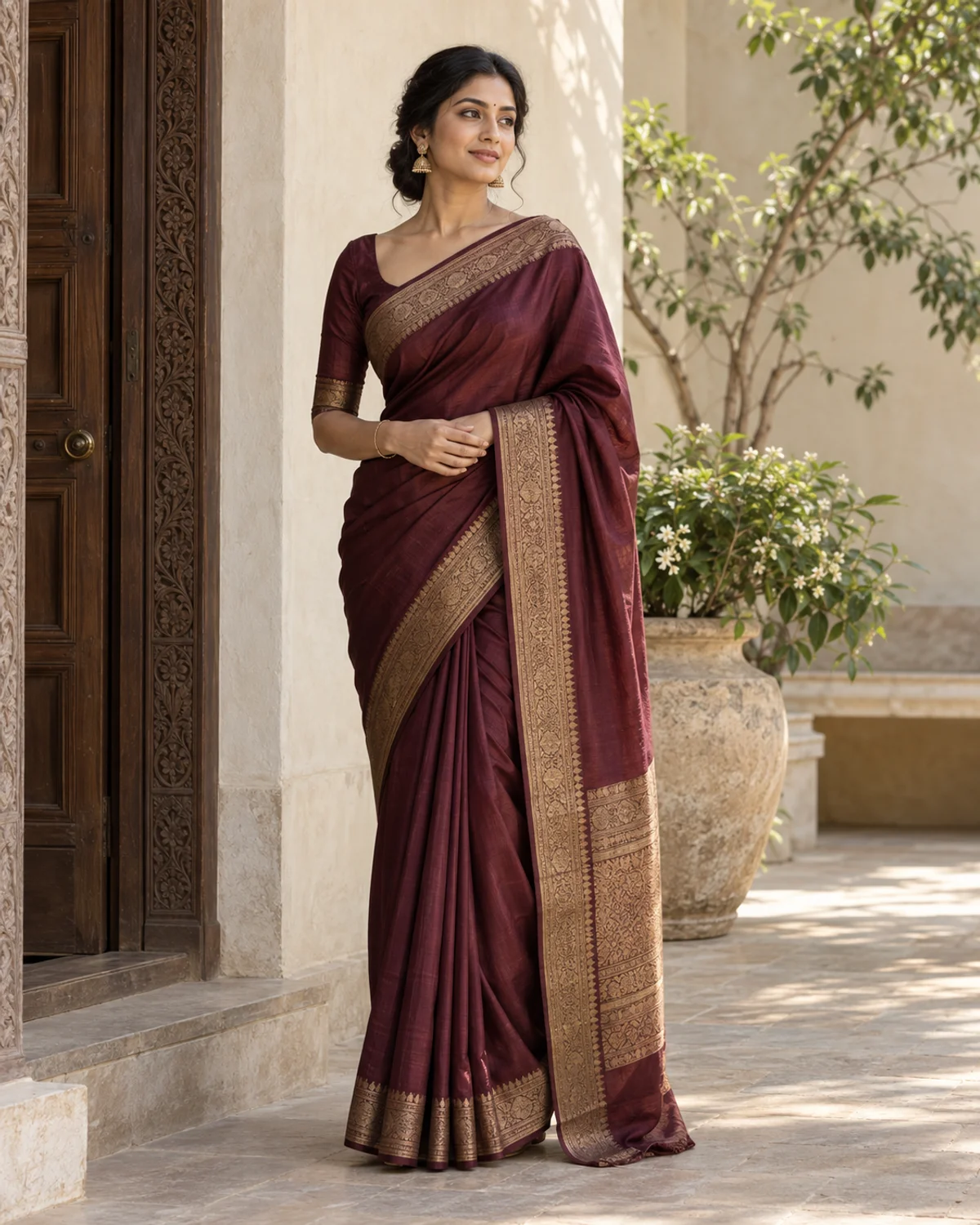 Editorial portrait of a woman in a burgundy and gold saree in a sunlit courtyard